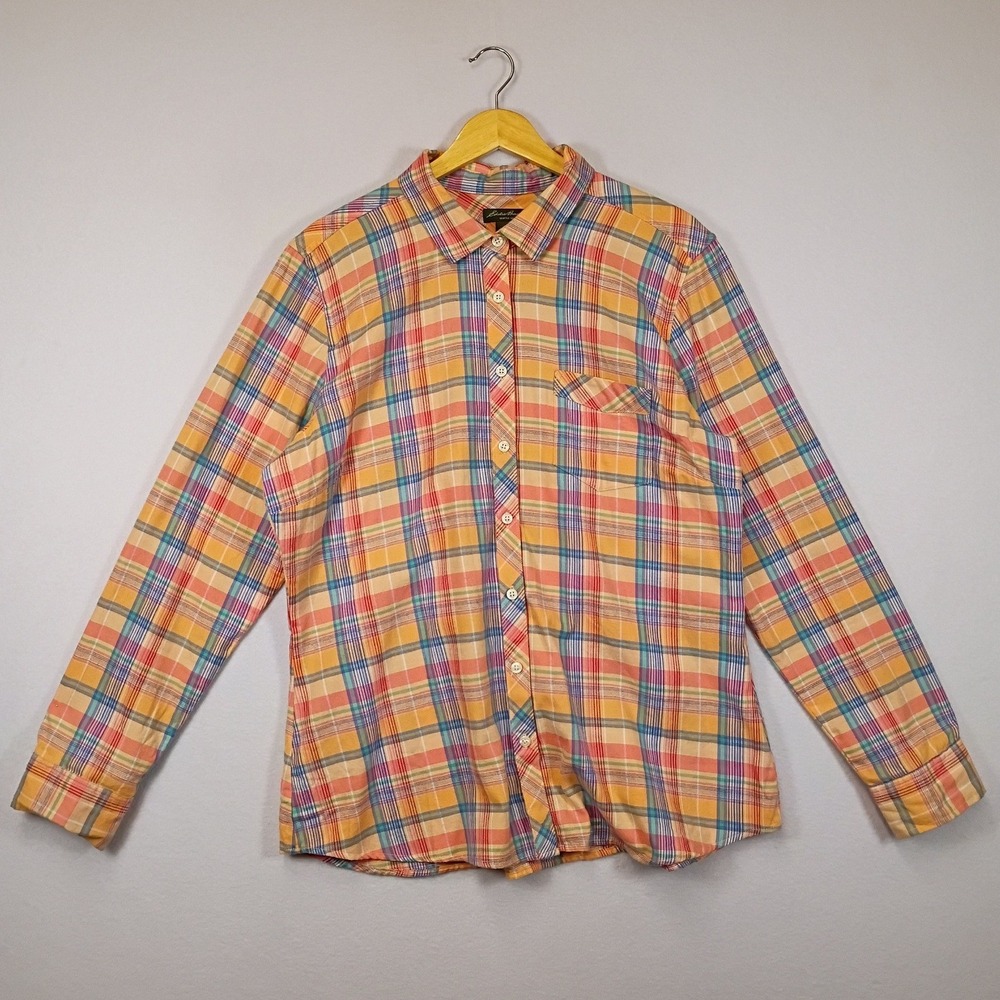 Classic Outdoors Eddie Bauer Womens XL Orange Yellow Blue Plaid Cotton Shirt